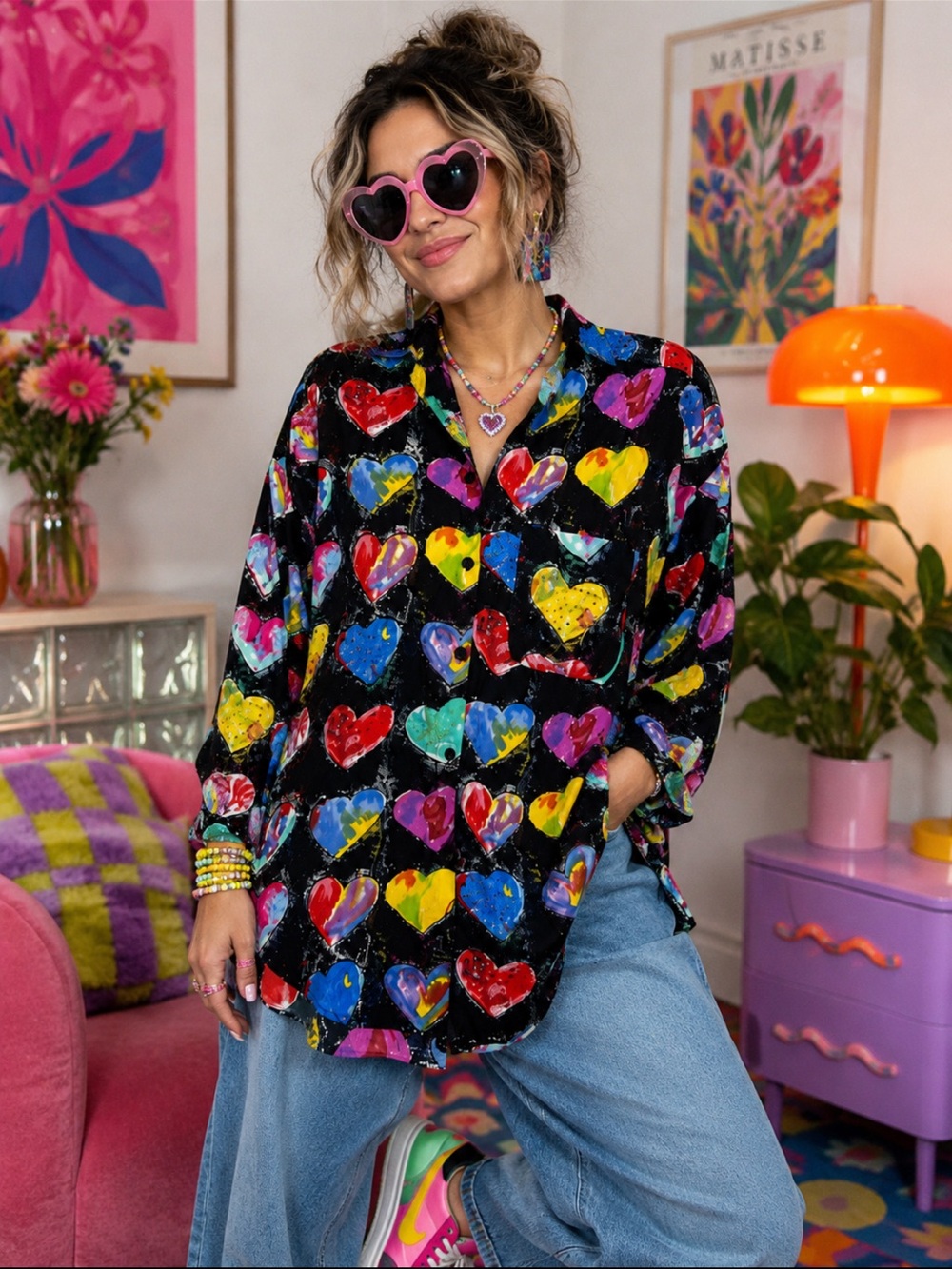 Vintage 80s At Last Studio Heart Print Button-down-top oversized fit